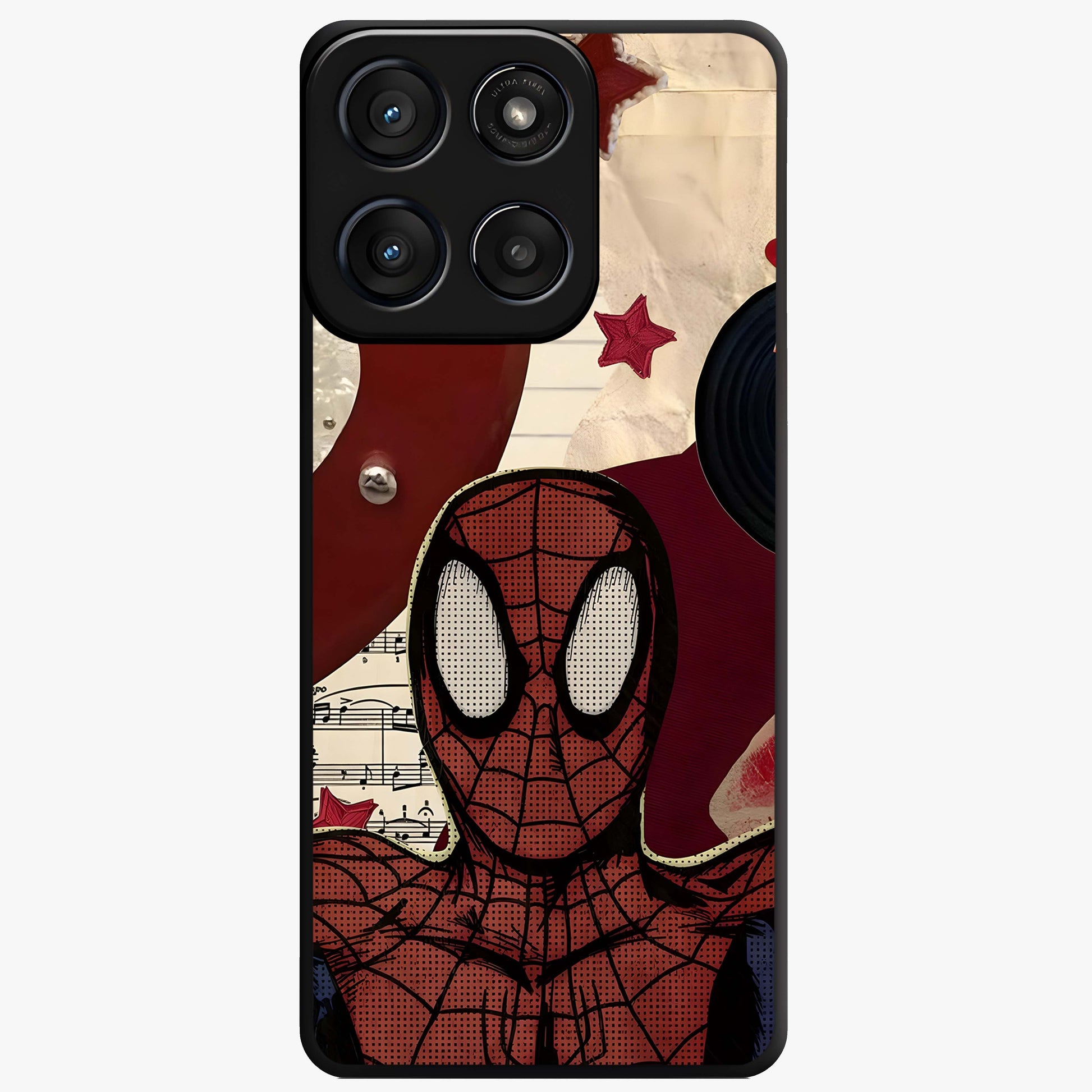 Web Warrior Vibes Glass Case showing flat back view with superhero inspired web themed artwork and glossy glass finish.