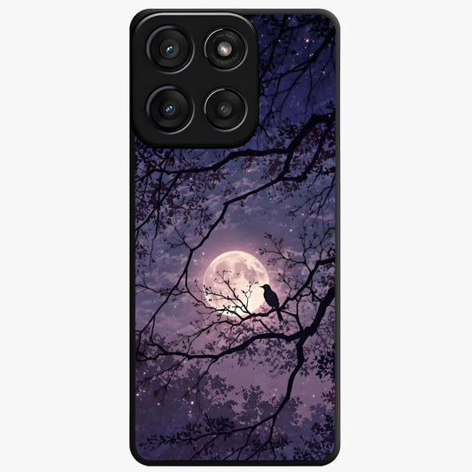 Whispering Moon Silence Glass Case showing flat back view with serene moon themed artwork and glossy glass finish.