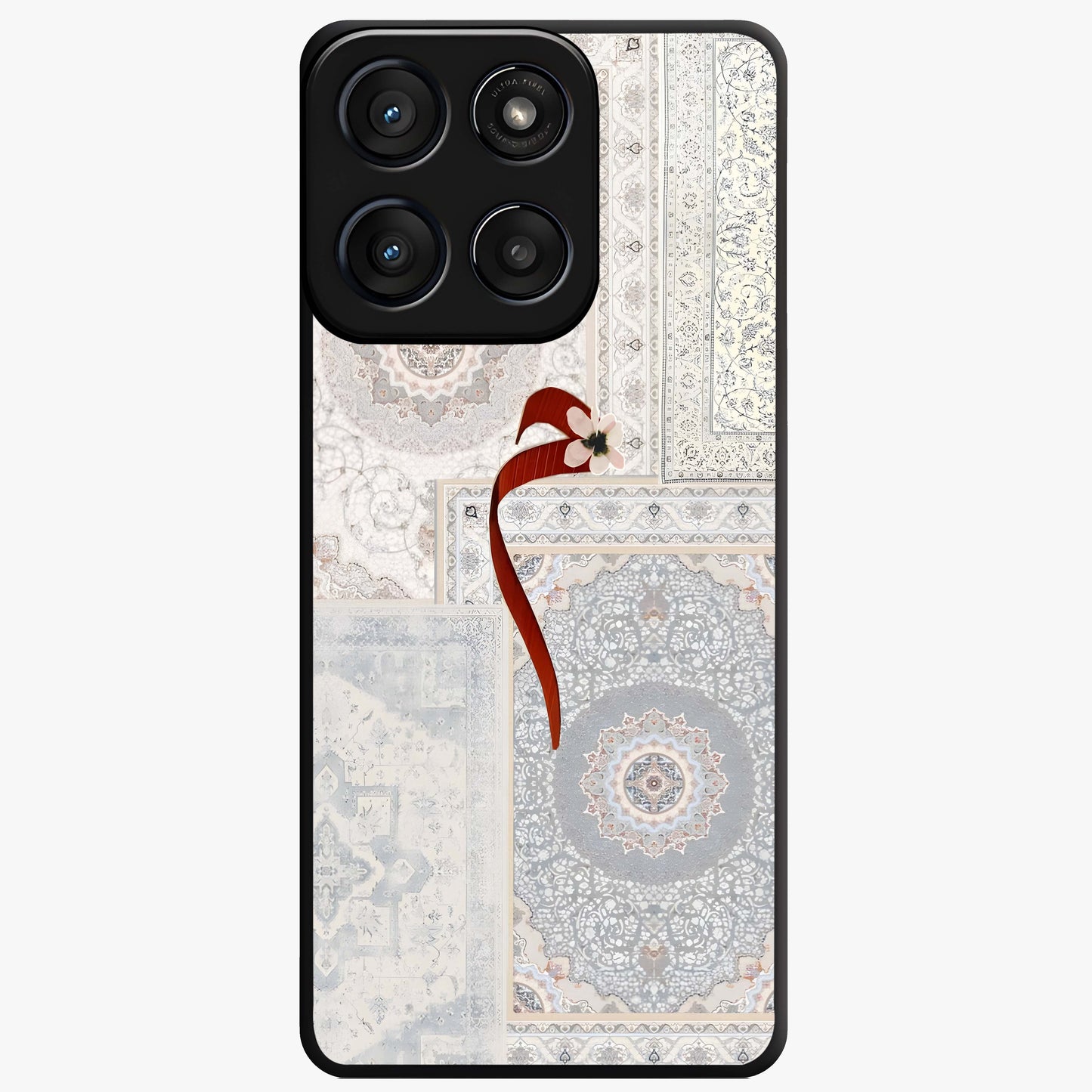 White Aesthetic Bow Glass Case showing flat back view with minimal bow artwork and glossy glass finish.