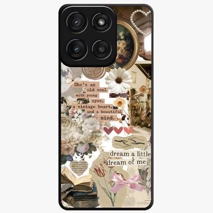 Aesthetic Brown Vintage Collage Glass Case showing flat back view with retro collage artwork and glossy glass finish.