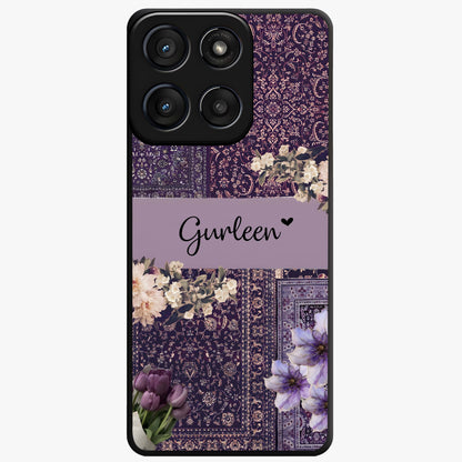 Antique Floral Whisper Custom Name Glass Case showing flat back view with vintage floral artwork and personalized name design.