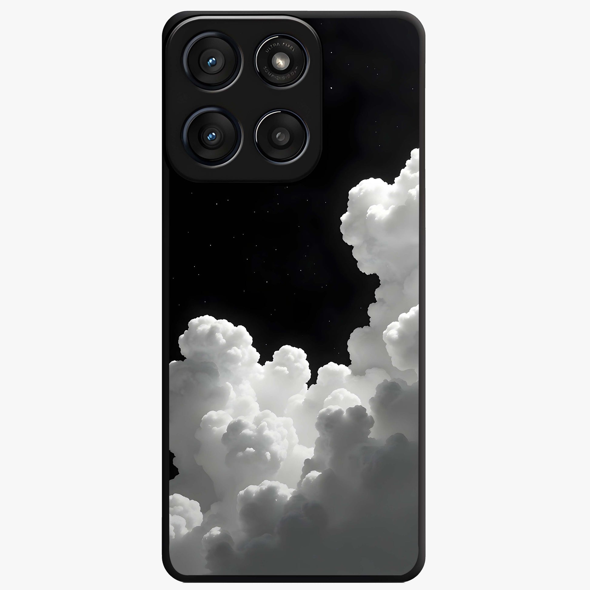 Black Background With White Cloud Glass Case showing flat back view with minimal cloud artwork on dark background and glossy glass finish.