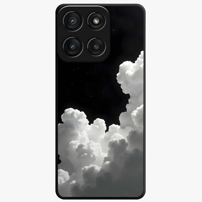 Black Background With White Cloud Glass Case showing flat back view with minimal cloud artwork on dark background and glossy glass finish.