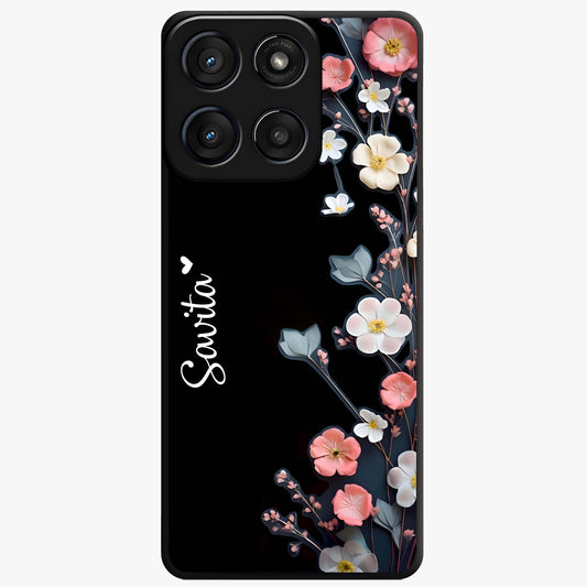 Black Elegance Floral Custom Name Glass Case showing flat back view with elegant floral artwork and personalized name design.