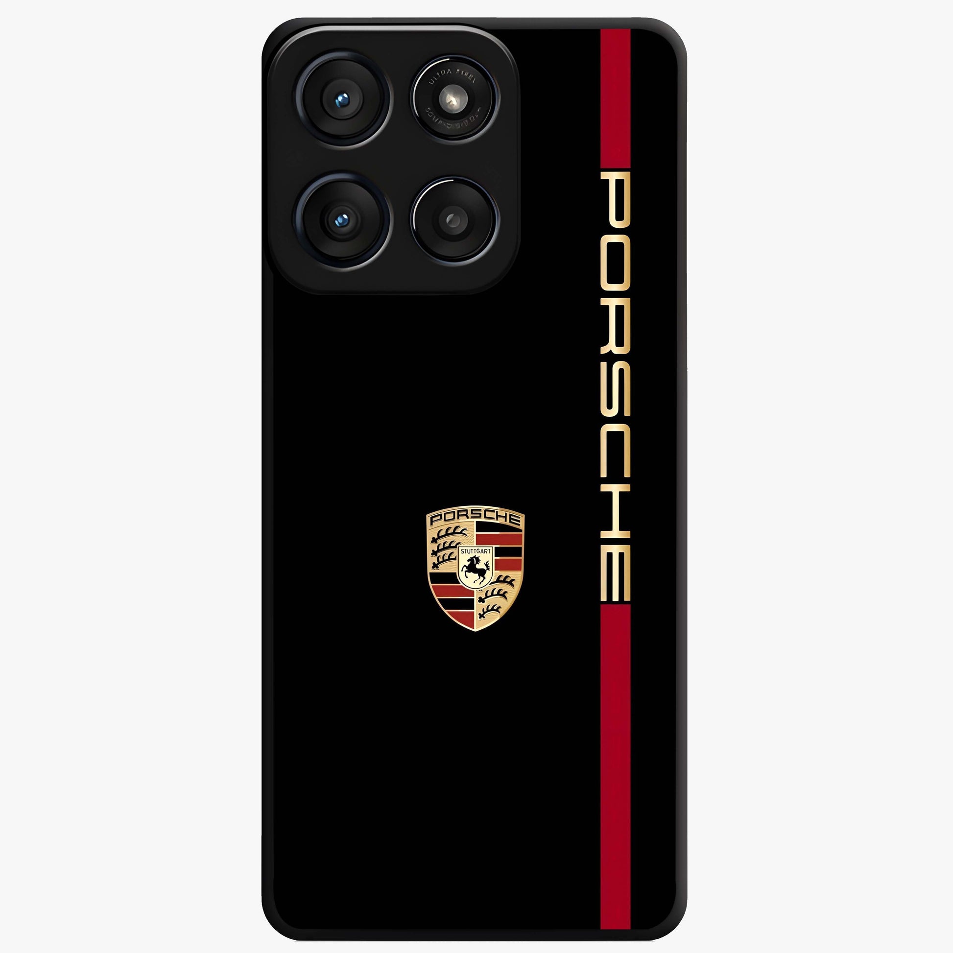Black Minimal Porsche Glass Case showing flat back view with sleek minimal sports car artwork and glossy glass finish.