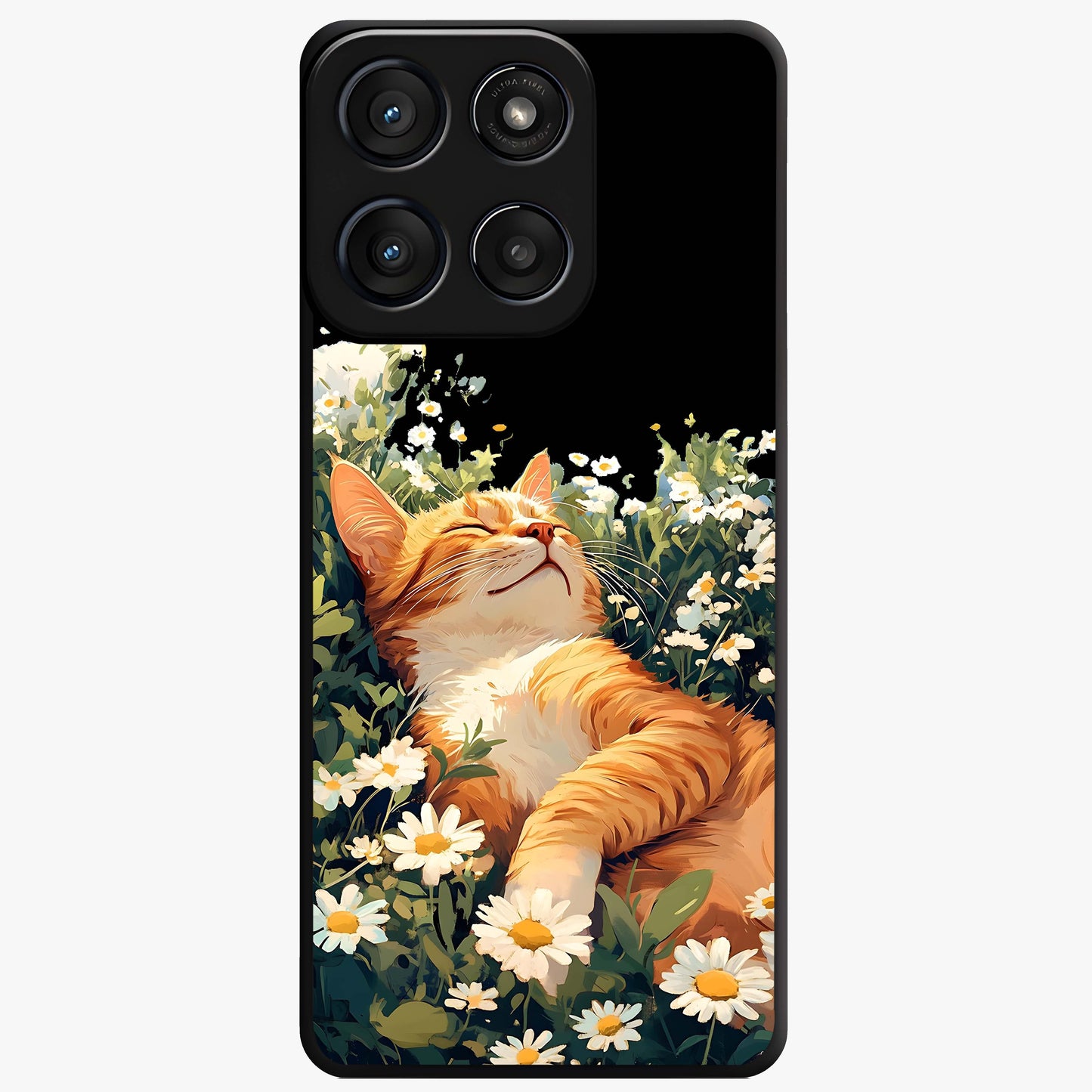 Blissful Bloom Cat Glass Case showing flat back view with cute cat and floral bloom artwork and glossy glass finish.