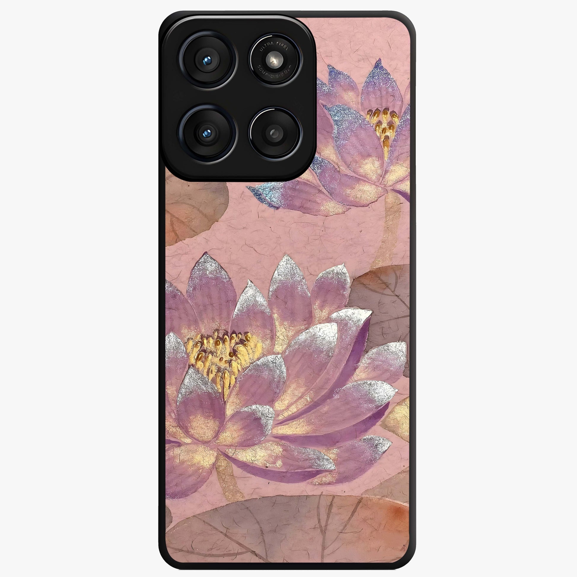 Blossom Mist Lotus Glass Case showing flat back view with serene lotus blossom artwork and glossy glass finish.