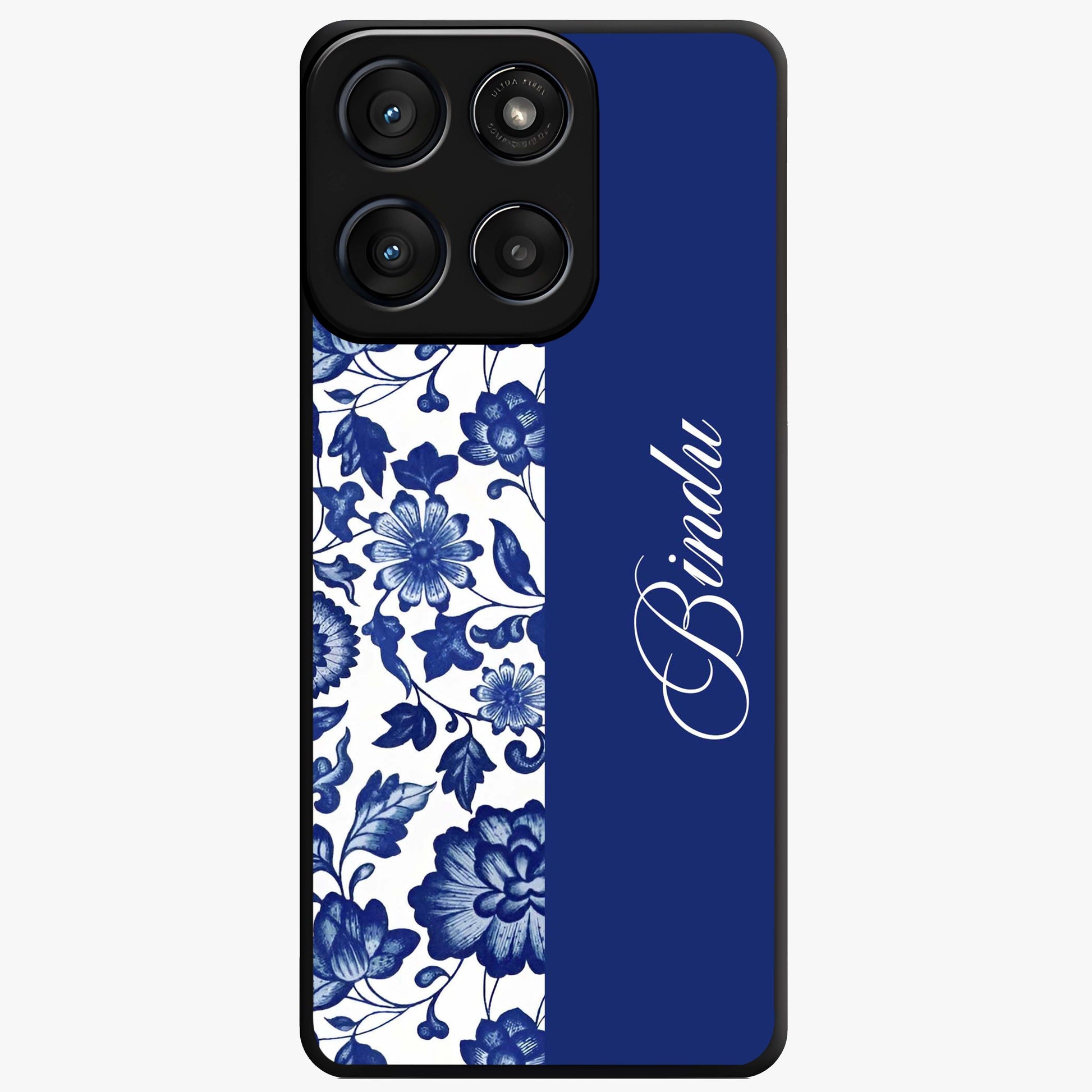 Blue Vintage Floral Pattern Glass Case upright view showcasing timeless floral illustration with vintage inspired style.
