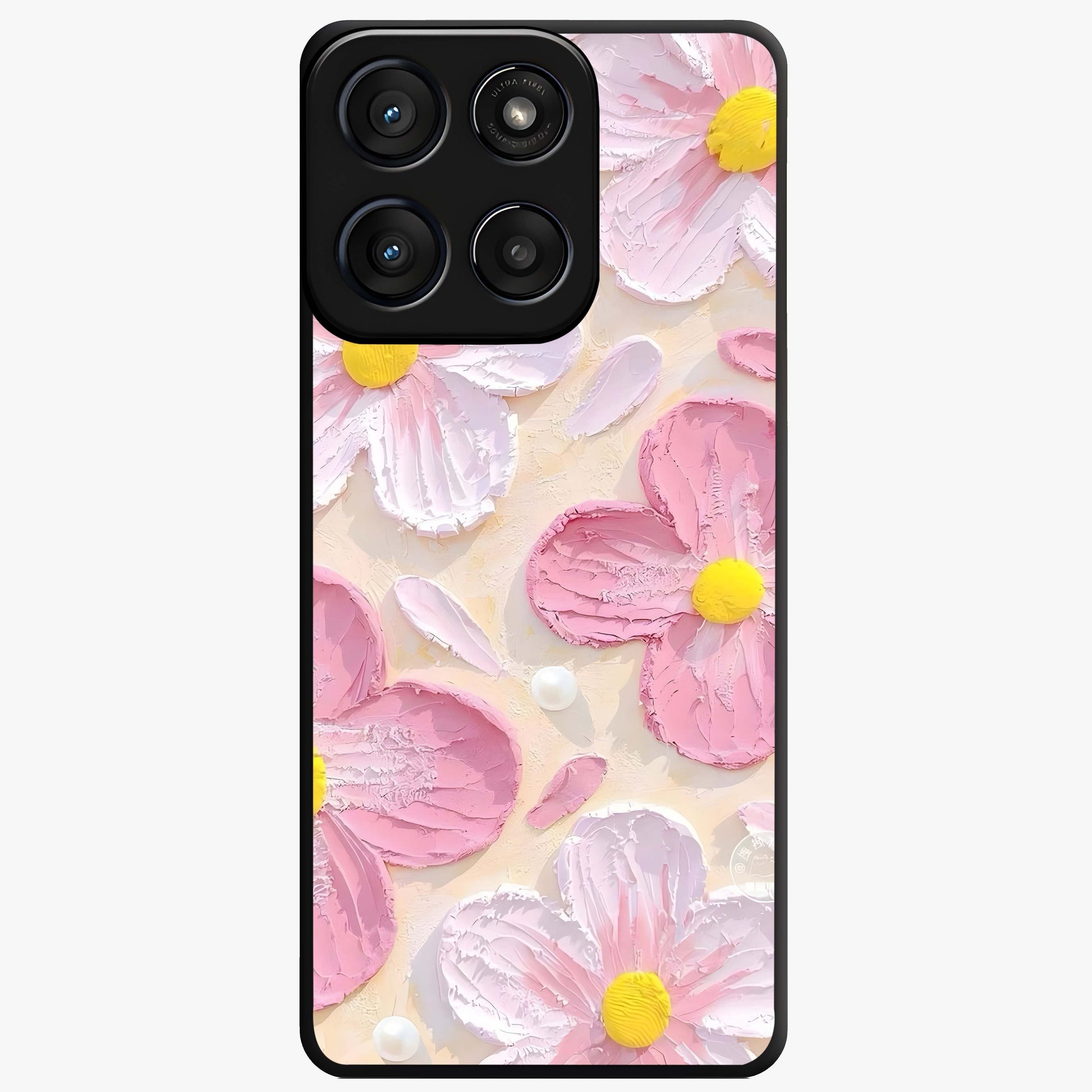Blush Bloom Texture Glass Case showing flat back view with soft blush floral texture artwork and glossy glass finish.