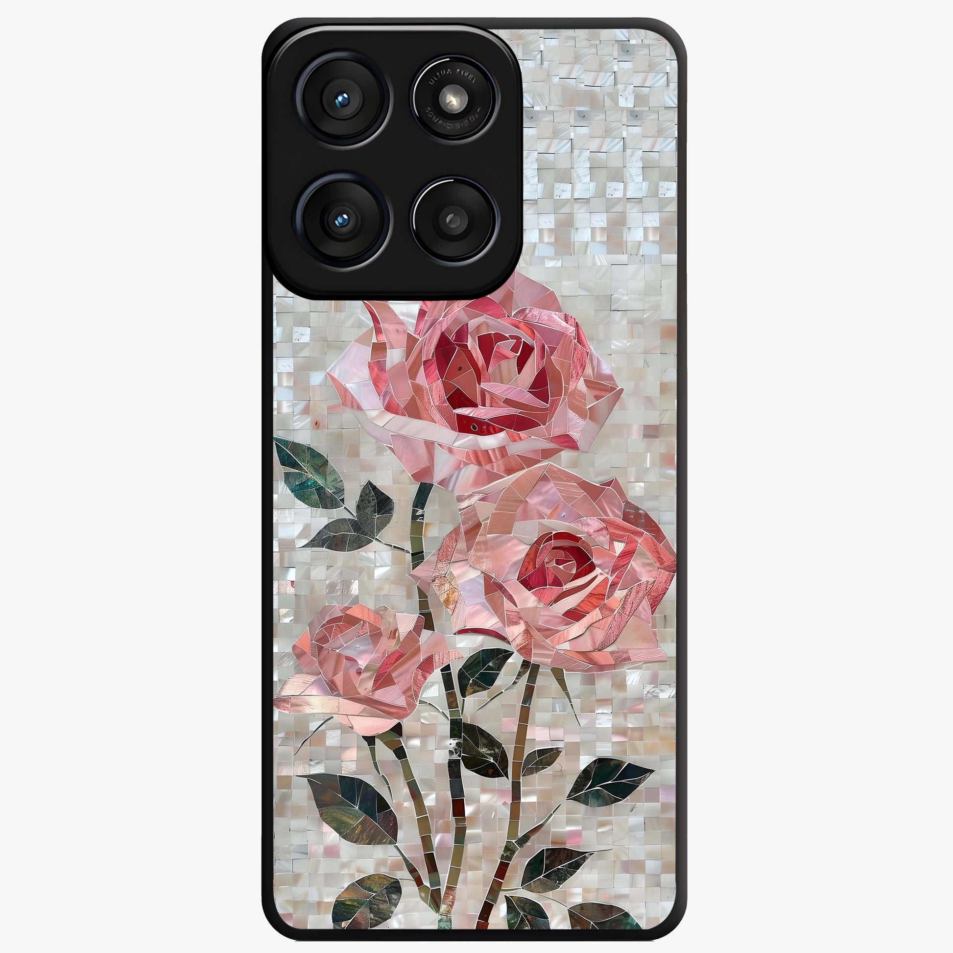 Blush Mosaic Bloom Glass Case showing flat back view with mosaic floral bloom artwork and glossy glass finish.