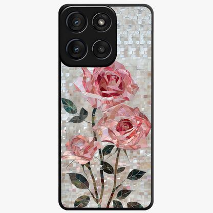 Blush Mosaic Bloom Glass Case showing flat back view with mosaic floral bloom artwork and glossy glass finish.