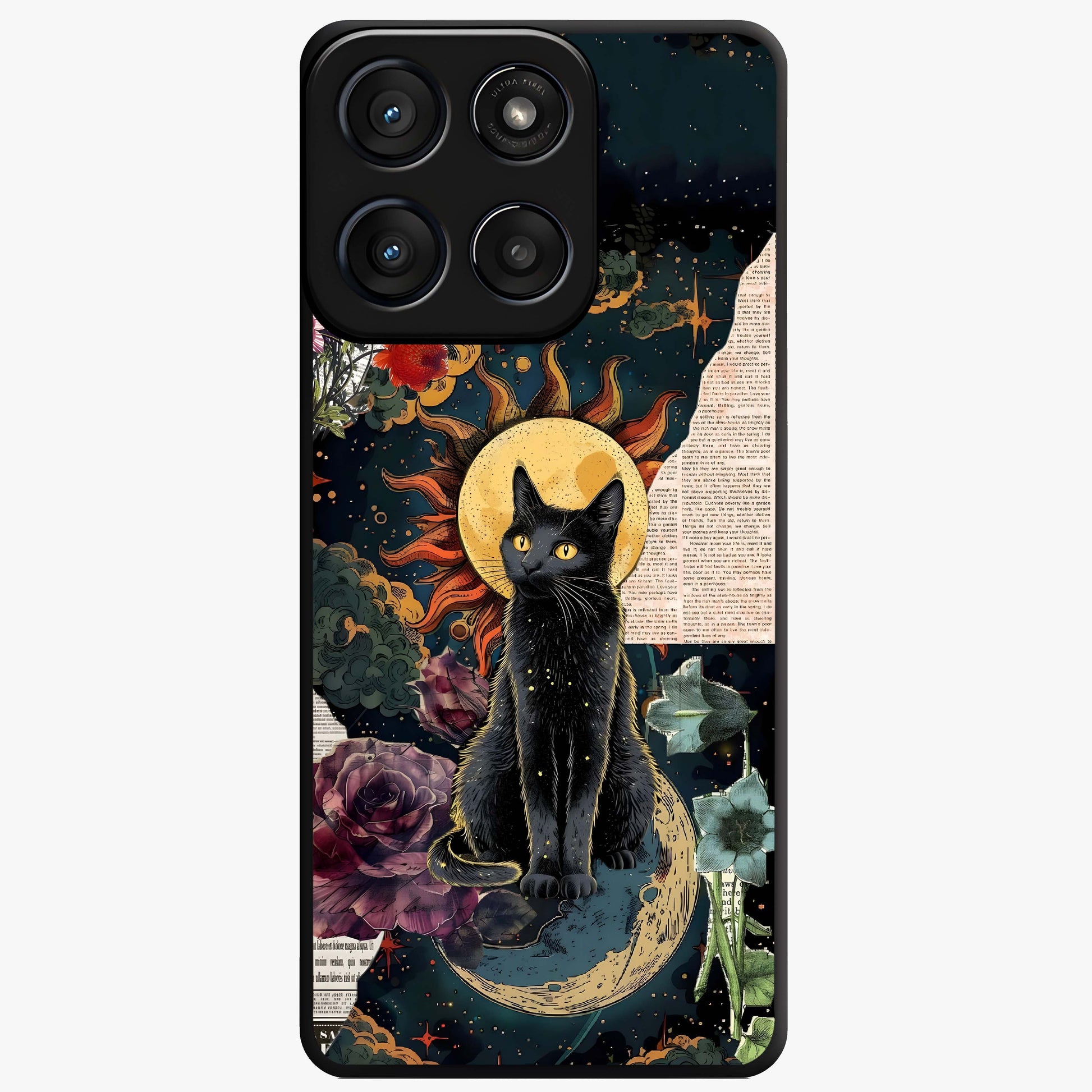 Celestial Black Cat Glass Case showing flat back view with mystical black cat artwork and glossy glass finish.