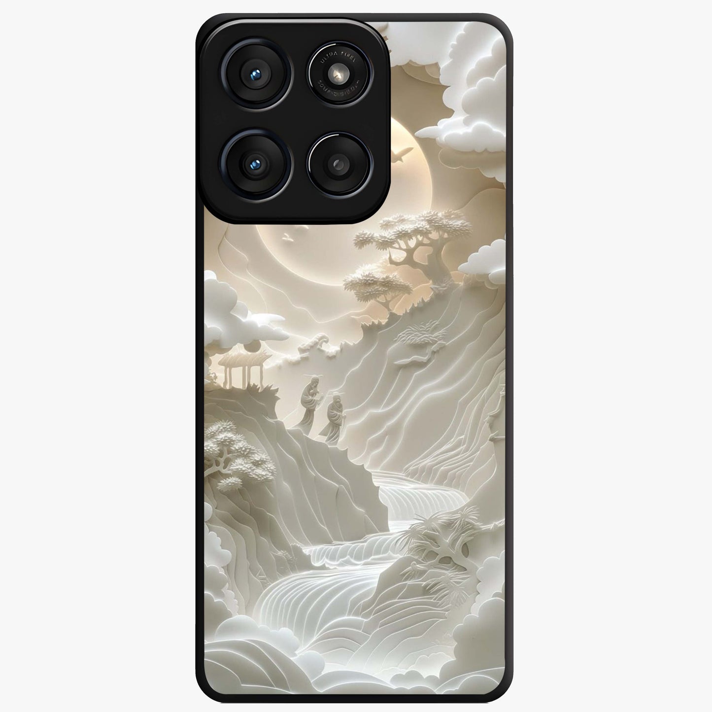 Celestial Origami Glass Case showing flat back view with artistic origami inspired celestial artwork and glossy glass finish.