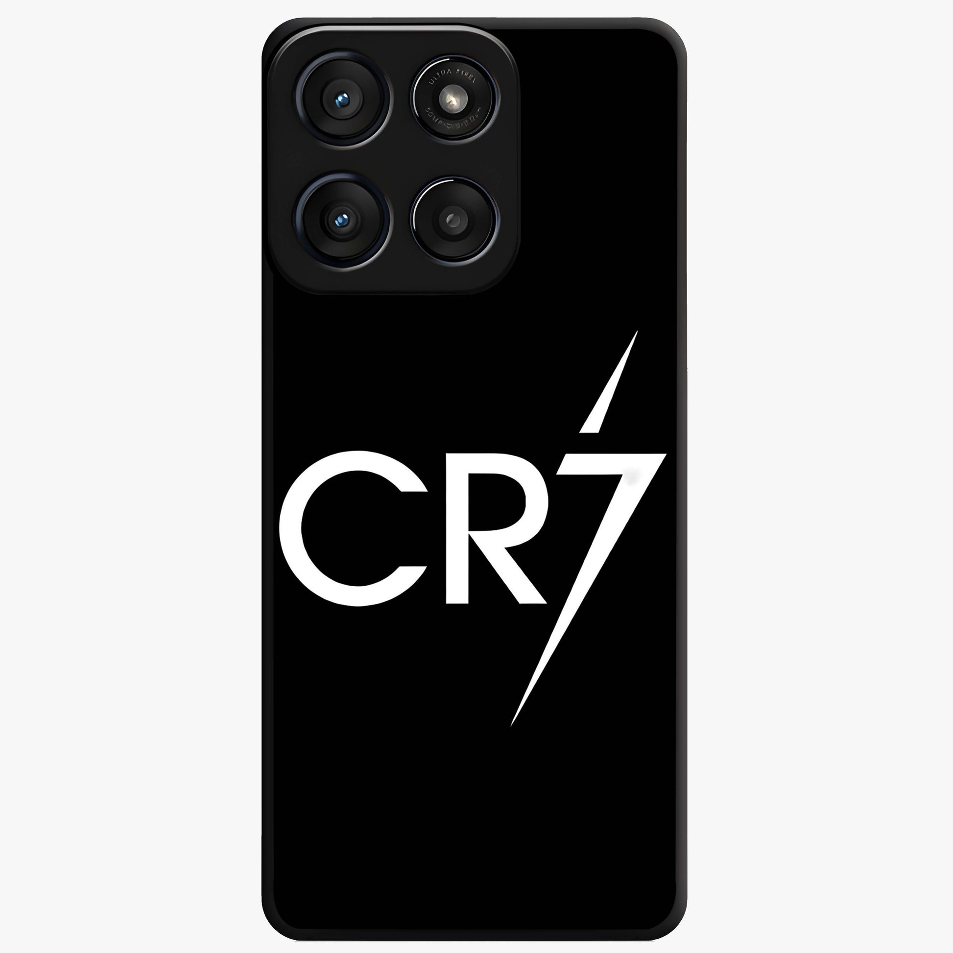 Cr7 Elite Strike Glass Case showing flat back view with dynamic football inspired artwork and glossy glass finish.