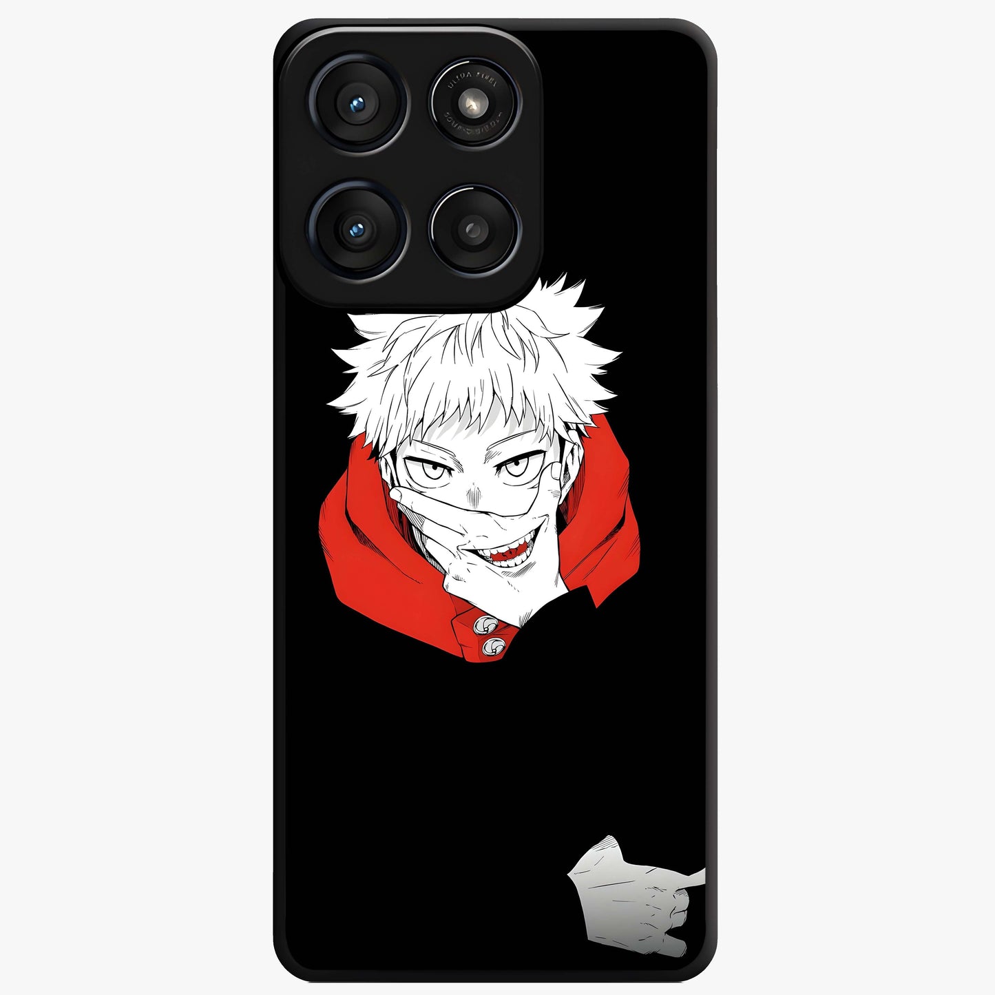 Crimson Chaos Smile Glass Case showing flat back view with bold chaotic smile artwork and glossy glass finish.