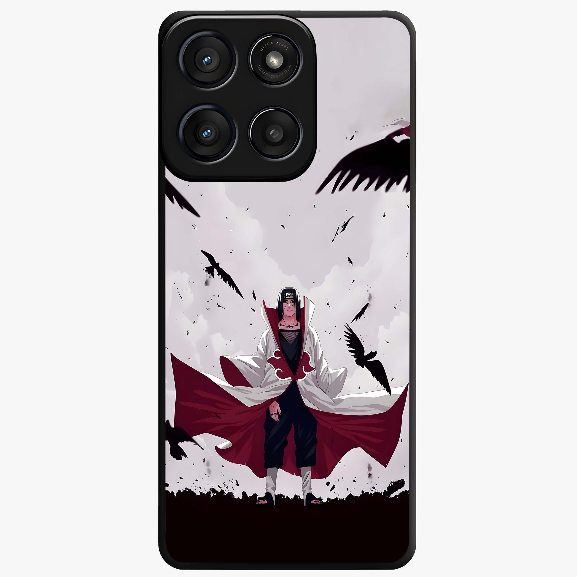Crimson Crow Ascension Glass Case showing flat back view with mystical crow artwork and glossy glass finish.