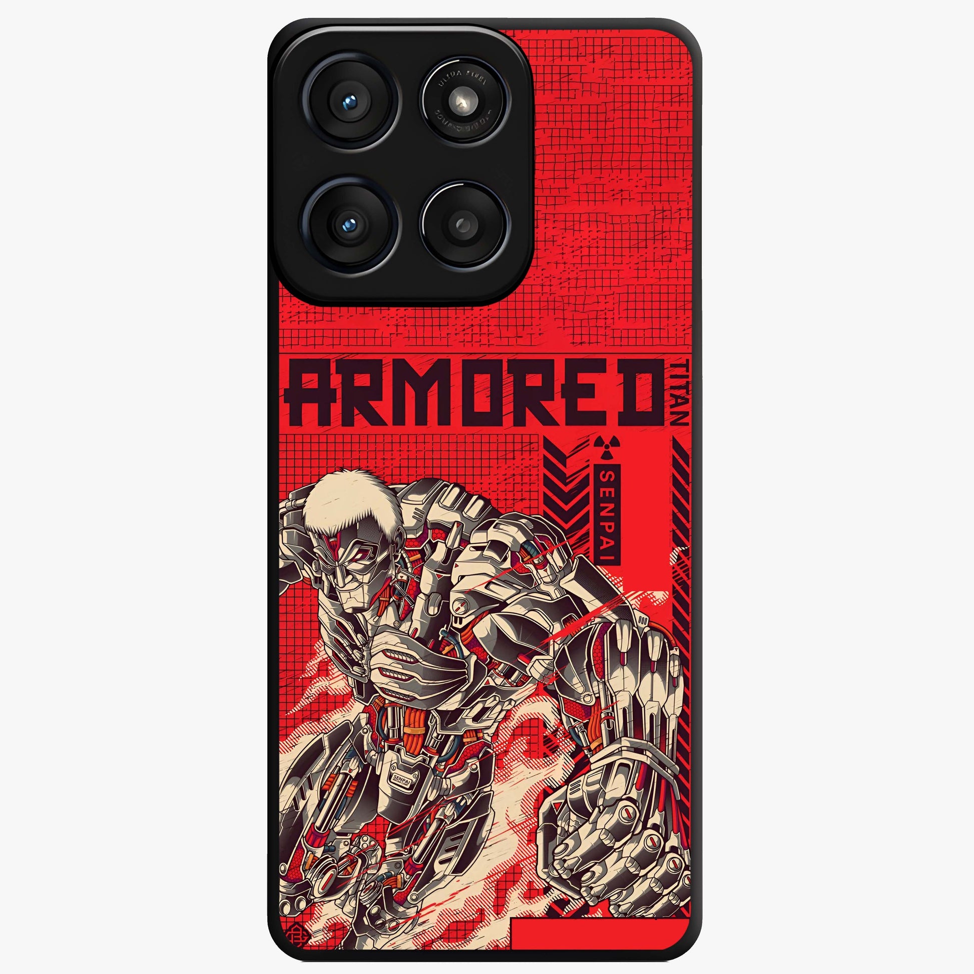 Crimson Mecha Titan Glass Case showing flat back view with powerful mech titan artwork and glossy glass finish.