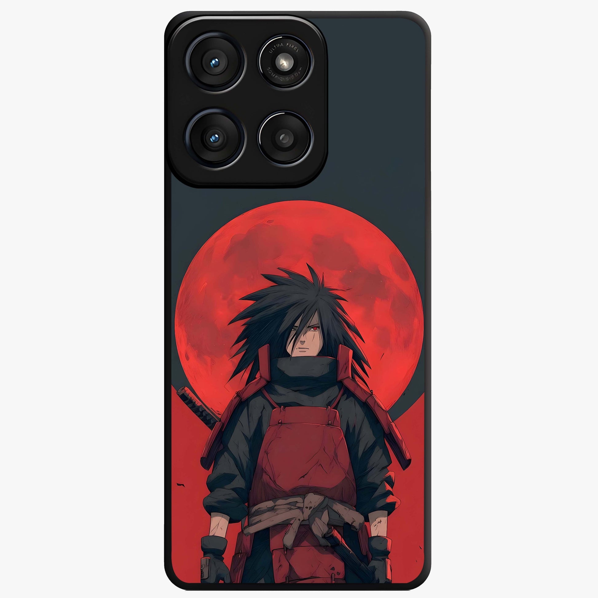 Crimson Moon Warlord Glass Case showing flat back view with mystical moon warrior artwork and glossy glass finish.