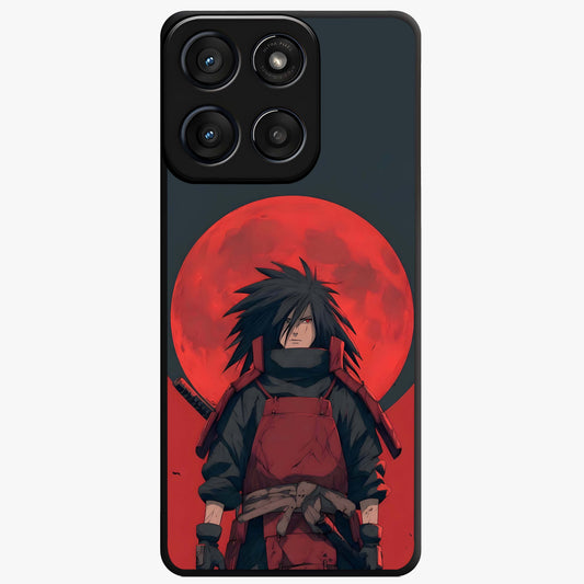 Crimson Moon Warlord Glass Case showing flat back view with mystical moon warrior artwork and glossy glass finish.