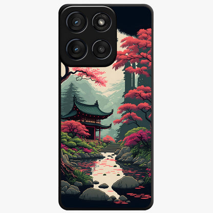 Crimson Temple View Glass Case showing flat back view with temple inspired artwork and glossy glass finish.
