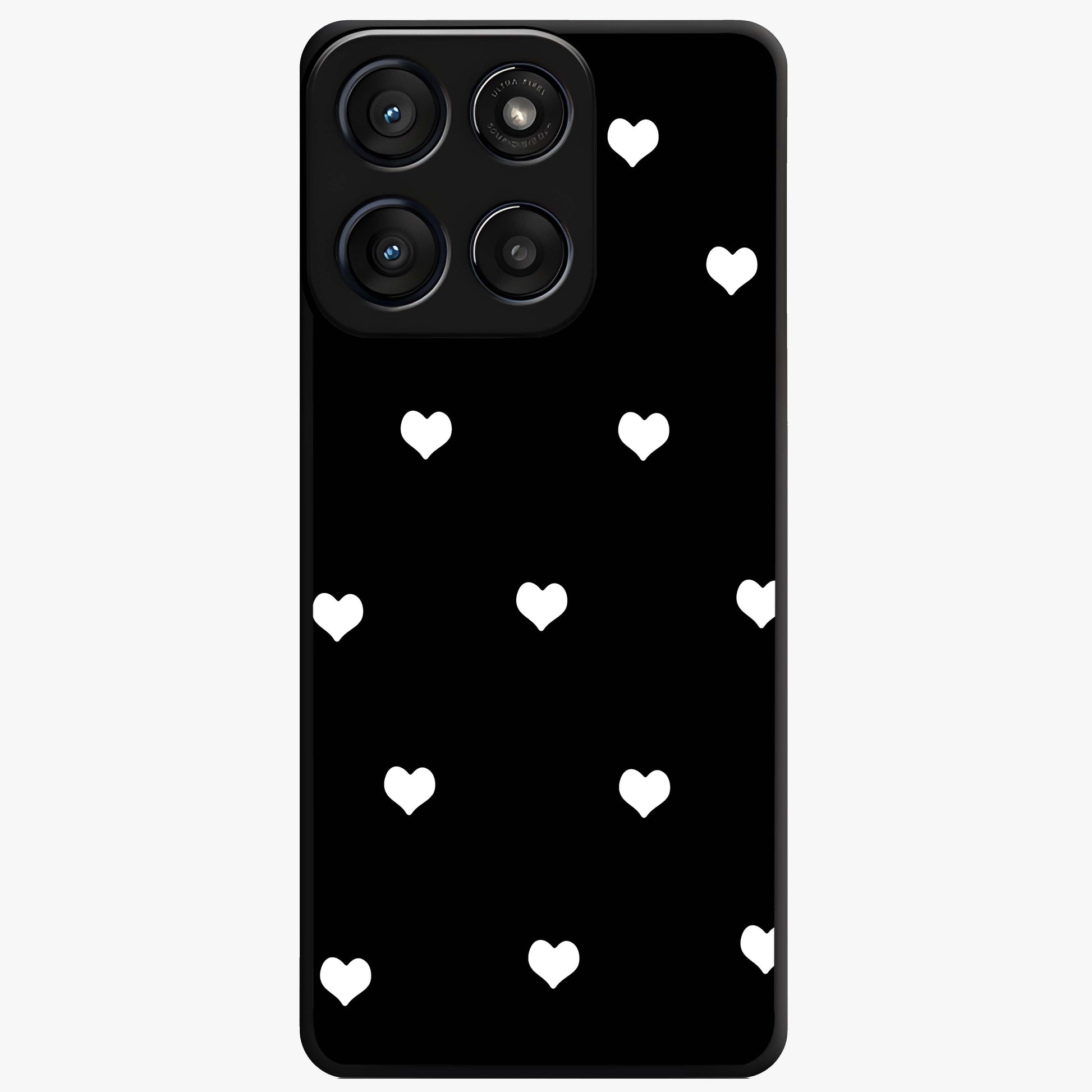 Cute And Simple White Hearts Glass Case showing flat back view with minimal white heart pattern and glossy glass finish.