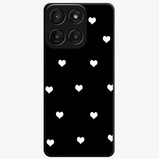 Cute And Simple White Hearts Glass Case showing flat back view with minimal white heart pattern and glossy glass finish.