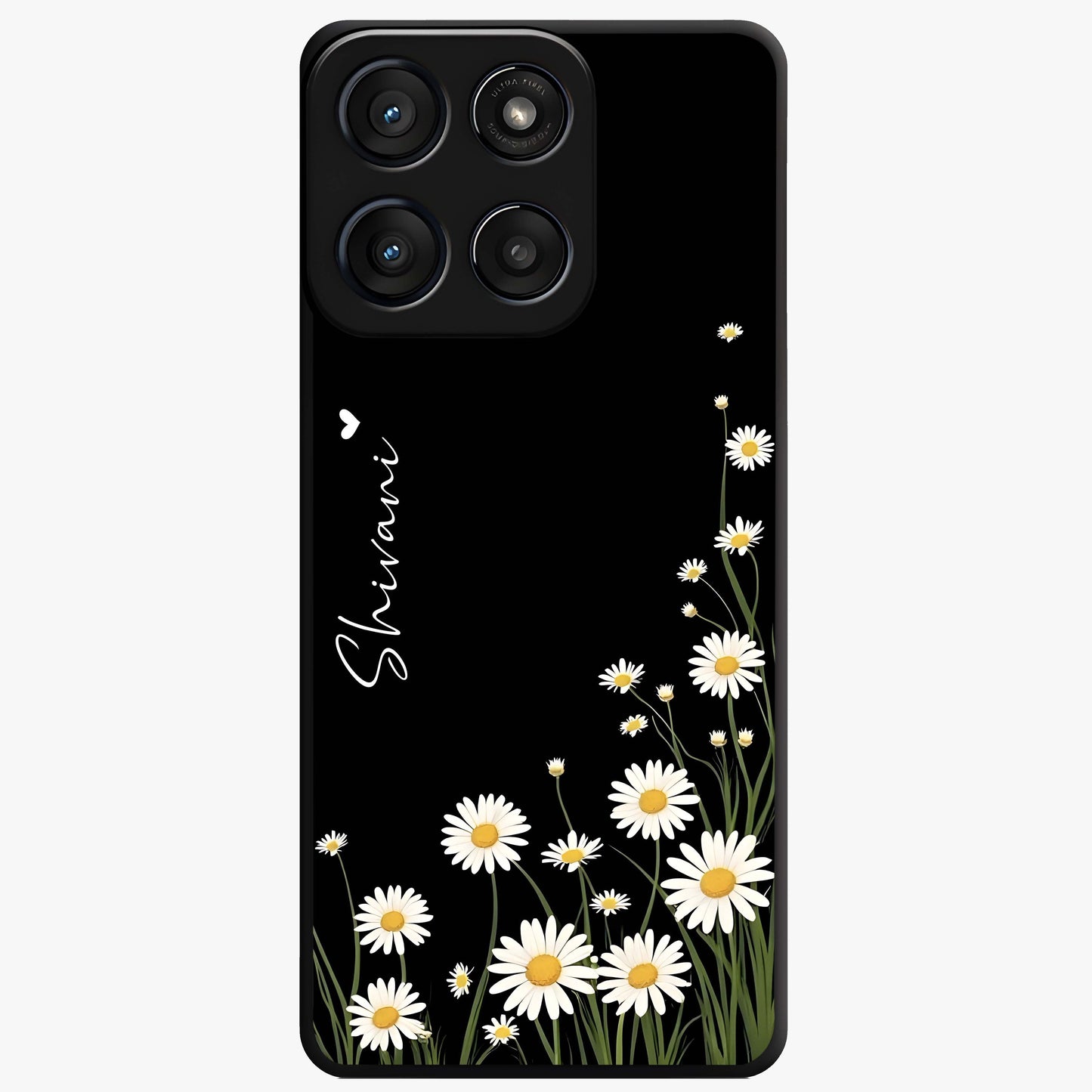 Daisy Cascade Custom Name Glass Case showing flat back view with cascading daisy flowers and personalized name design.