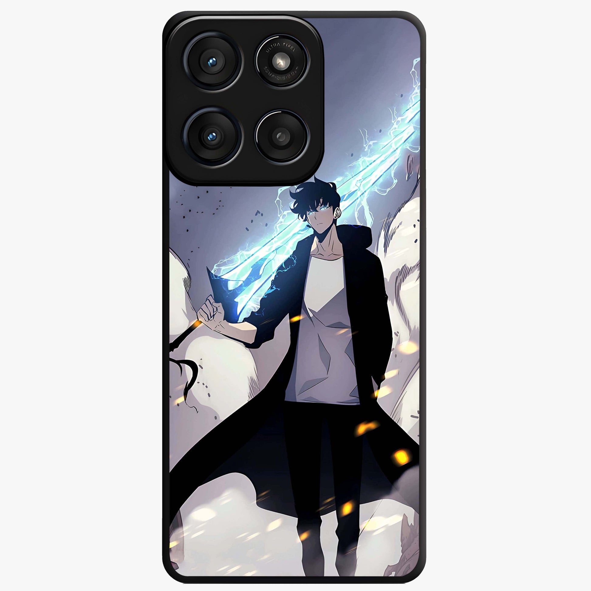 Dark Lightning Anime Warrior Glass Case showing flat back view with intense anime warrior artwork and glossy glass finish.