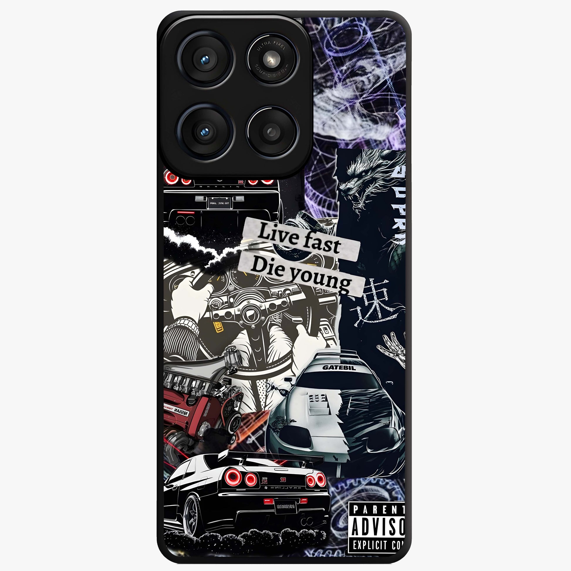 Die Young Glass Case showing flat back view with bold artistic typography design and glossy glass finish.