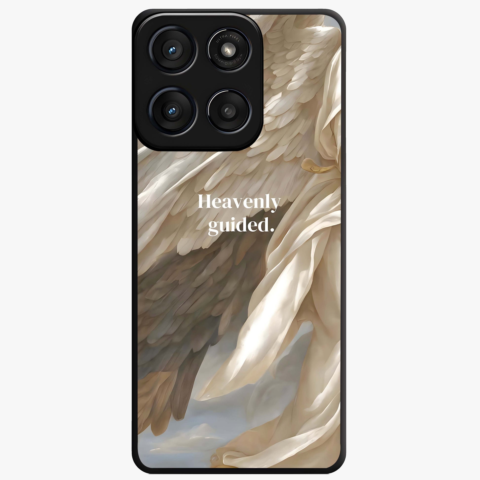 Divine Winged Grace Glass Case showing flat back view with elegant wing inspired artwork and glossy glass finish.