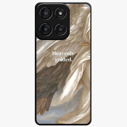 Divine Winged Grace Glass Case showing flat back view with elegant wing inspired artwork and glossy glass finish.