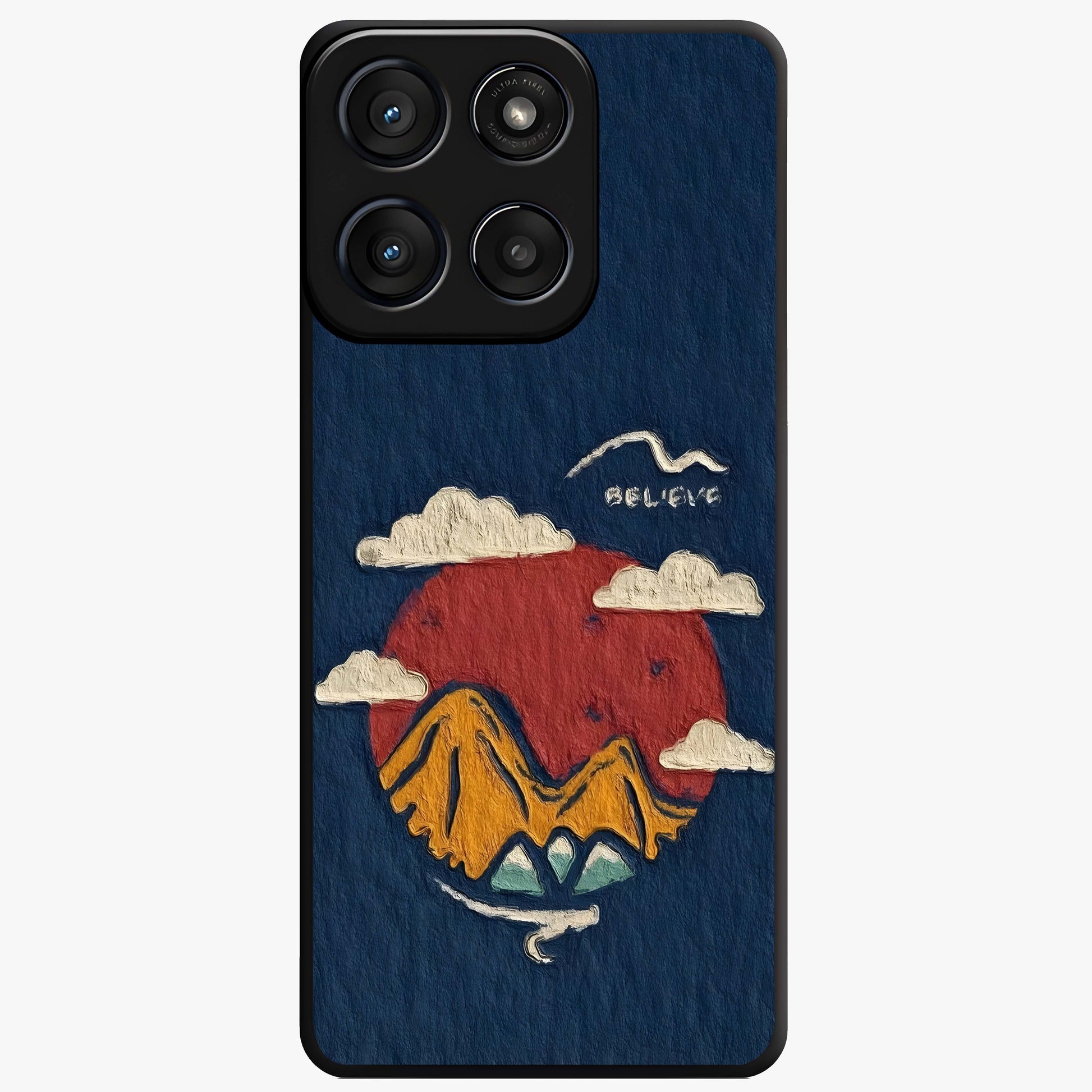 Dream Beyond Mountains Glass Case showing flat back view with scenic mountain landscape artwork and glossy glass finish.