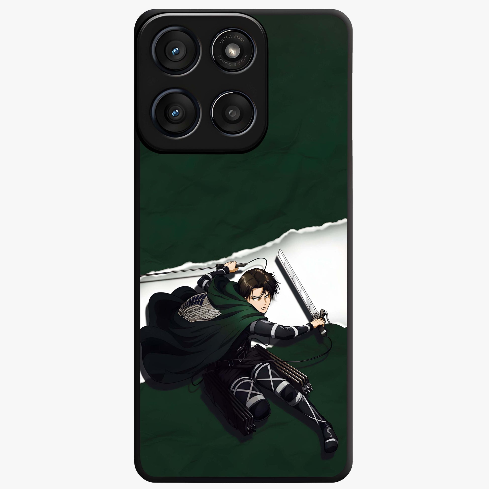 Emerald War Vanguard Glass Case showing flat back view with powerful warrior themed artwork and glossy glass finish.