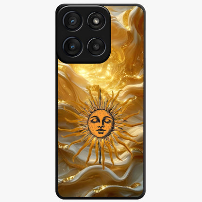 Eternal Golden Glow Glass Case showing flat back view with radiant golden themed artwork and glossy glass finish.