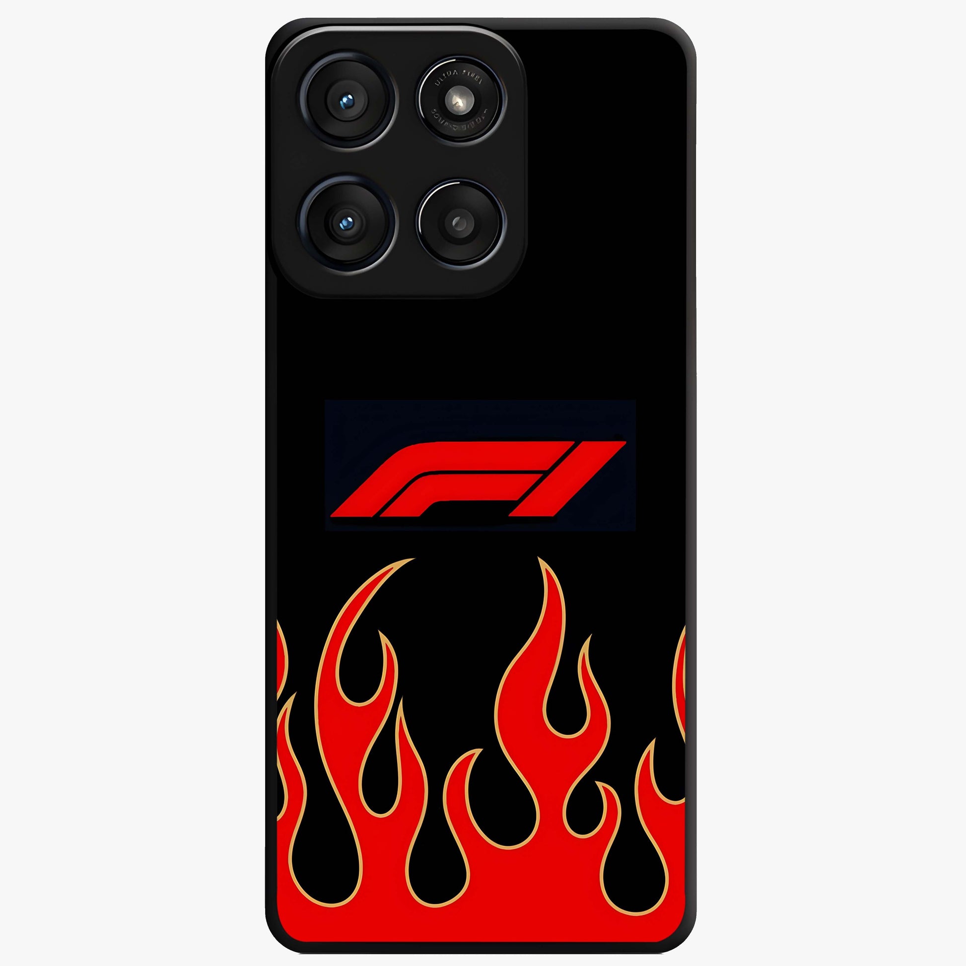 Fire F11 Glass Case showing flat back view with fiery themed artwork and glossy glass finish.