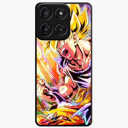 Firing Goku Glass Case showing flat back view with powerful anime inspired artwork and glossy glass finish.