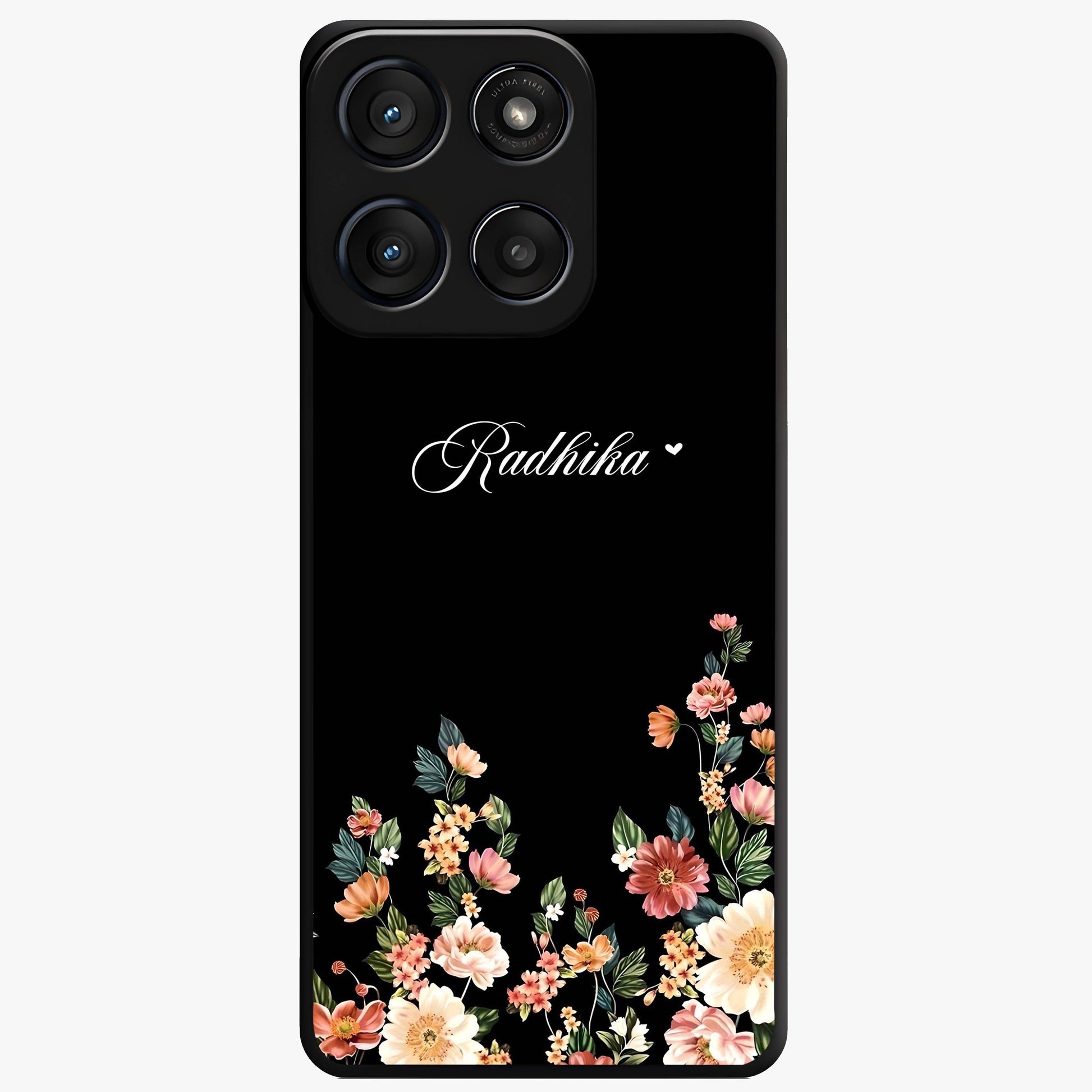Floral Design With a Custom Personalized Name Glass Case showing flat back view with floral artwork and personalized name design.