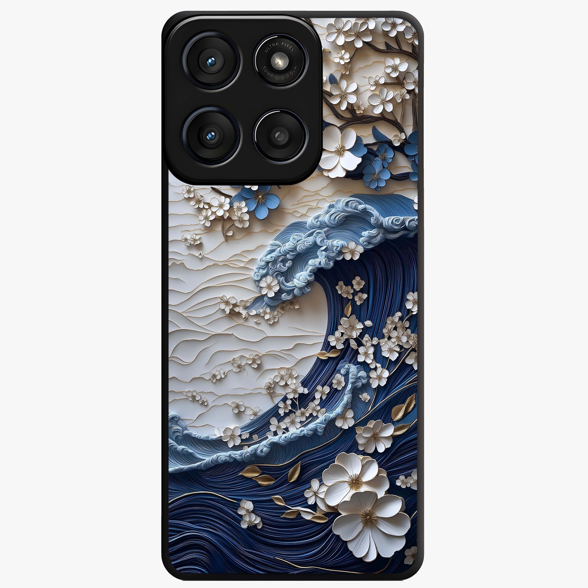 Floral Wave Origami Glass Case showing flat back view with origami inspired floral wave artwork and glossy glass finish.