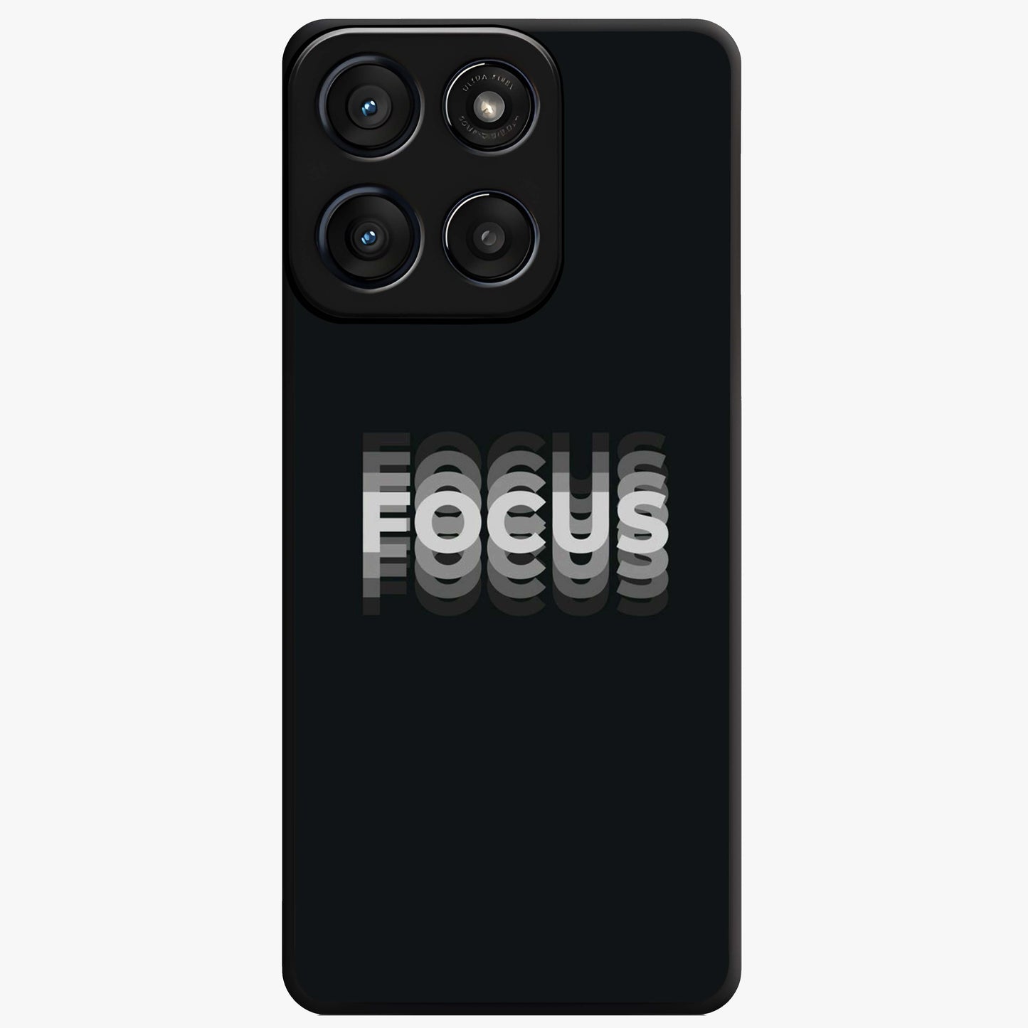 Focus Mode On Glass Case showing flat back view with bold motivational typography design and glossy glass finish.