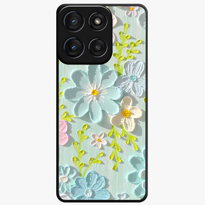 Frosted Petal Garden Glass Case showing flat back view with soft frosted floral artwork and glossy glass finish.