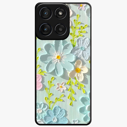 Frosted Petal Garden Glass Case showing flat back view with soft frosted floral artwork and glossy glass finish.