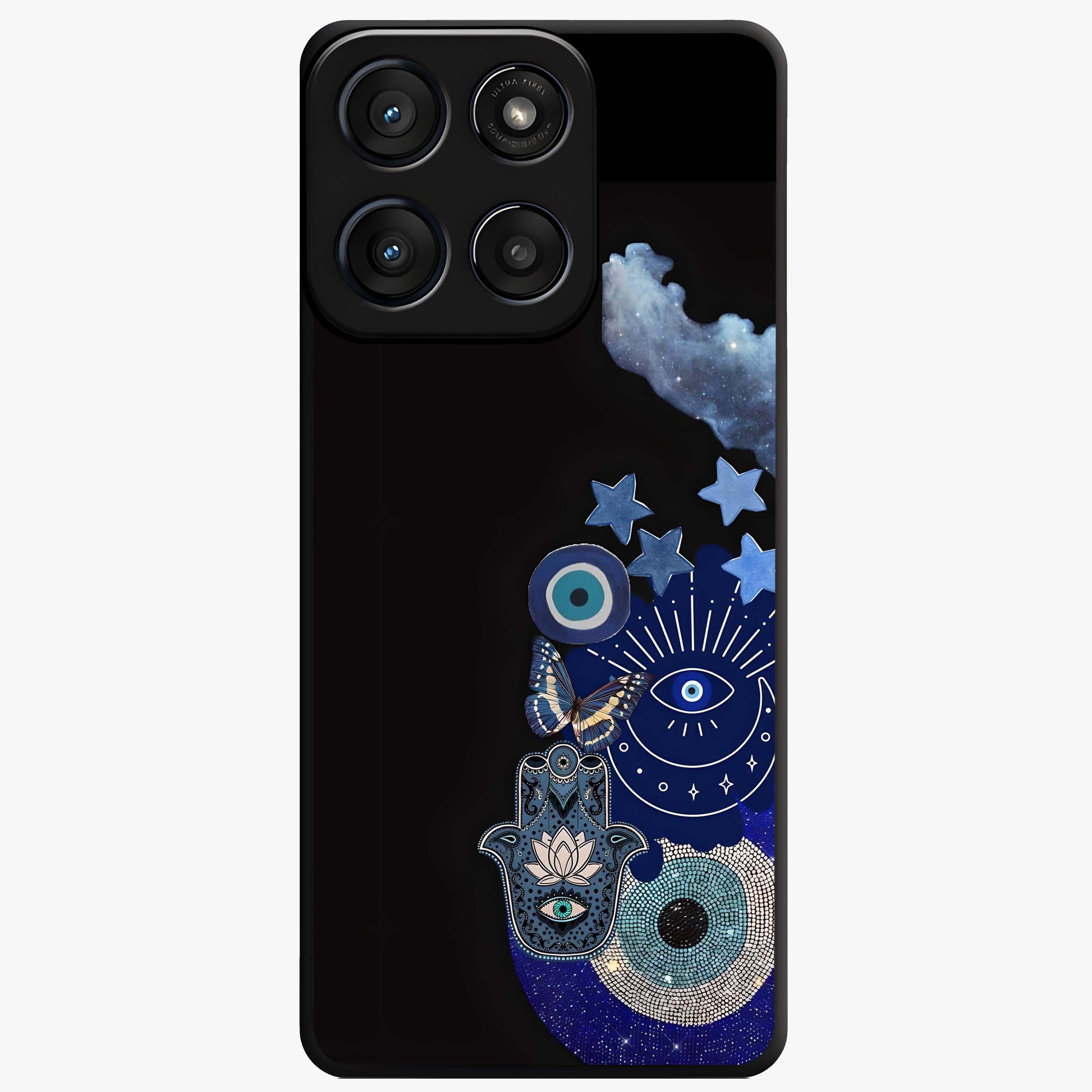 Galactic Charm Cluster Glass Case showing flat back view with glowing celestial charm artwork and glossy glass finish.