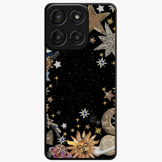 Galactic Jewel Stars Glass Case showing flat back view with sparkling star jewel artwork and glossy glass finish.
