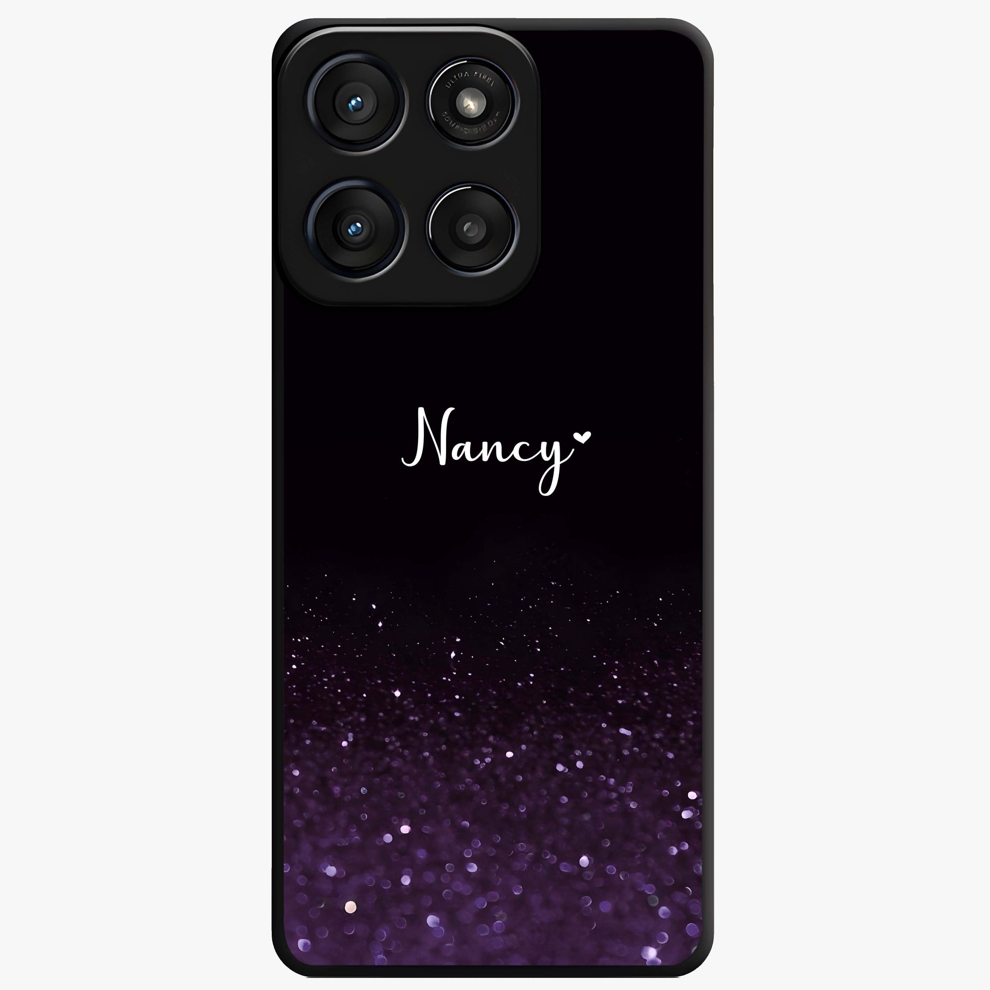 Glittery Purple Bokeh Custom Name Glass Case showing flat back view with purple bokeh sparkle artwork and personalized name design.