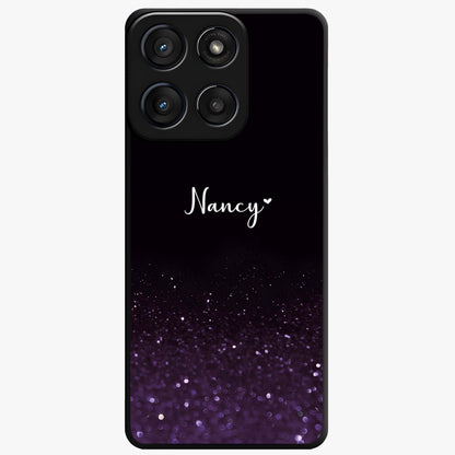 Glittery Purple Bokeh Custom Name Glass Case showing flat back view with purple bokeh sparkle artwork and personalized name design.