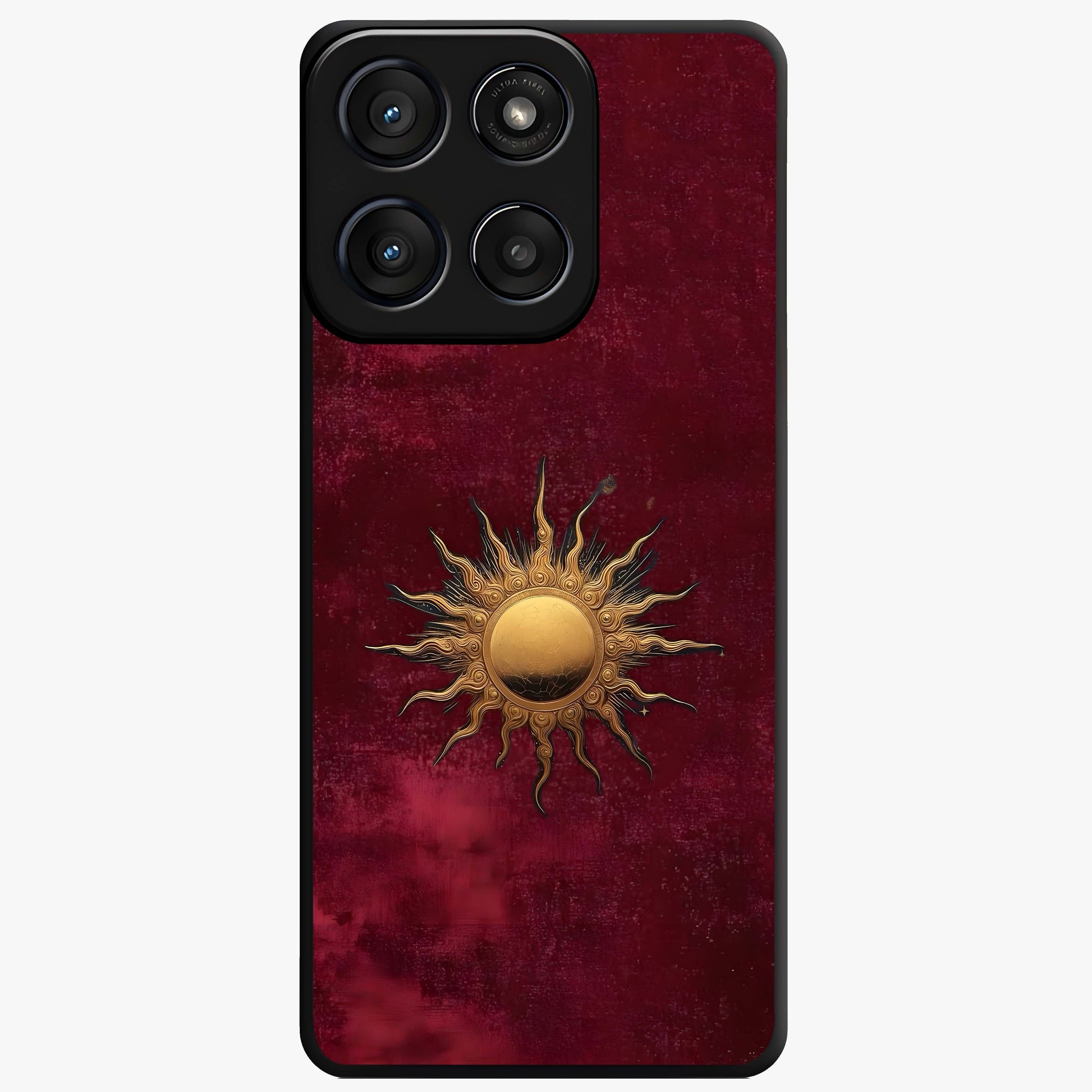 Gold Sun Blush Glass Case showing flat back view with golden sun inspired artwork and glossy glass finish.