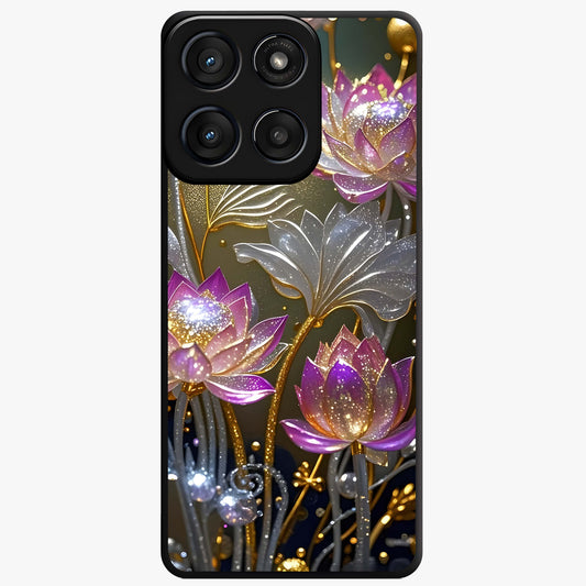 Golden Lotus Glow Glass Case showing flat back view with glowing lotus flower artwork and glossy glass finish.