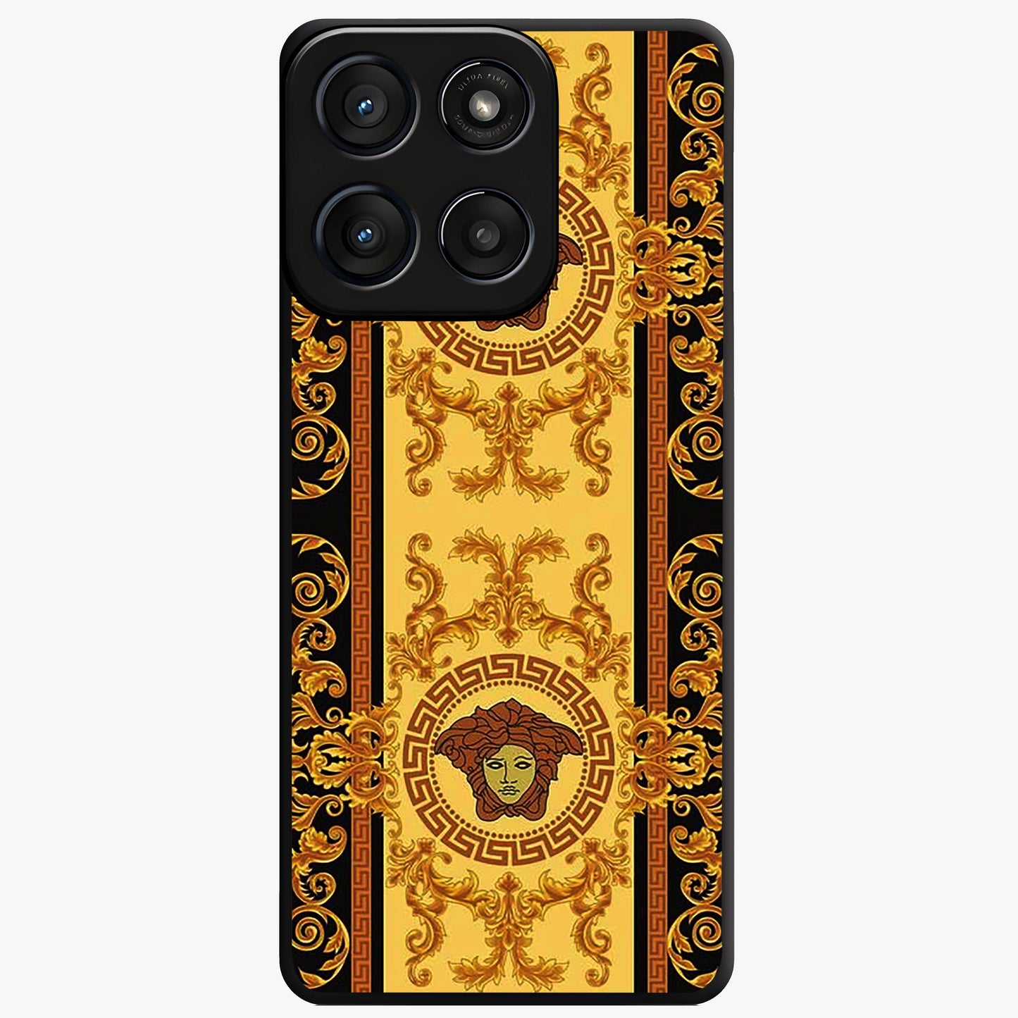 Golden Royal Heritage Glass Case showing flat back view with ornate royal pattern artwork and glossy glass finish.