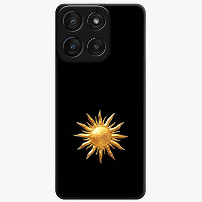 Golden Sun Minimalism Glass Case showing flat back view with minimal golden sun artwork and glossy glass finish.