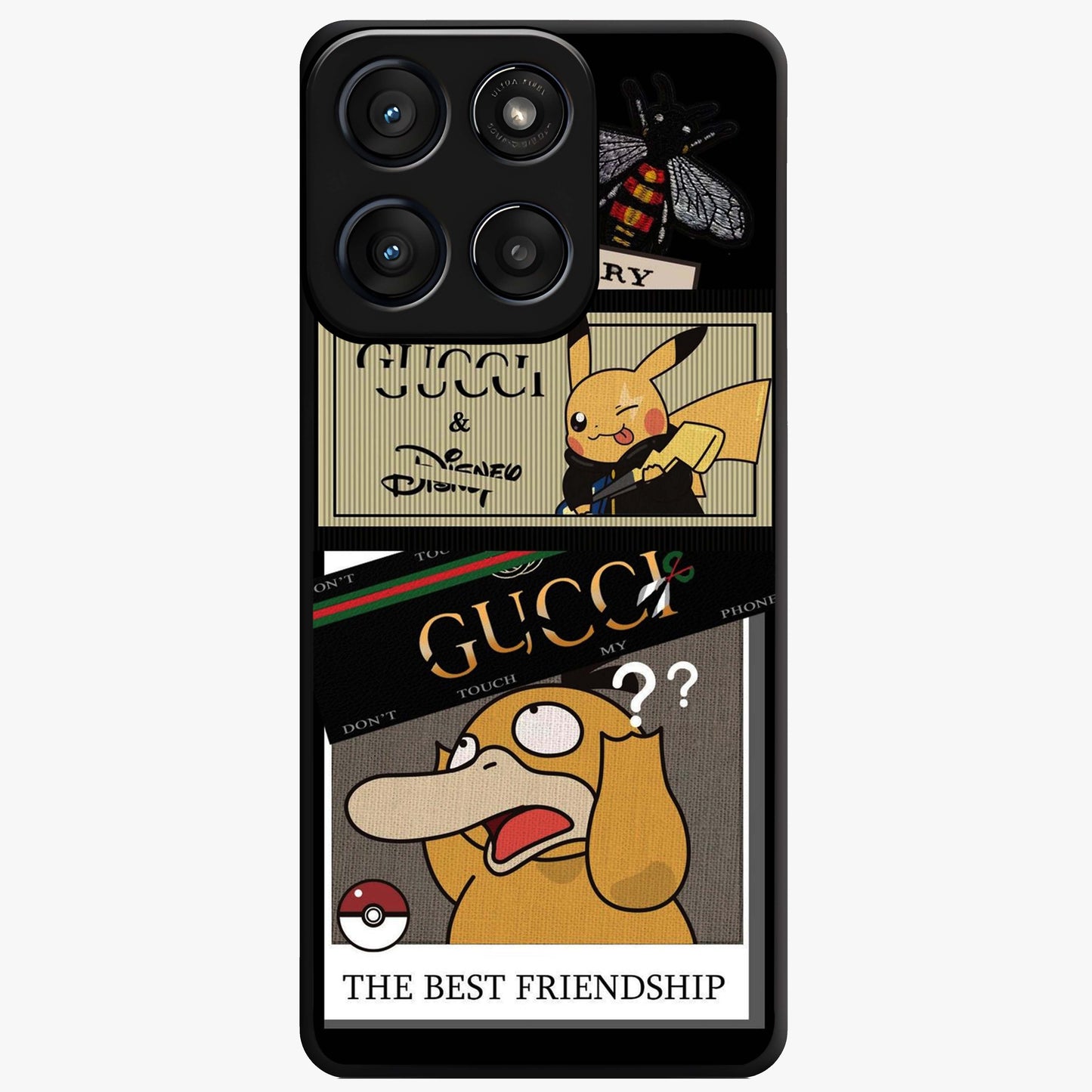 Gucci Play Mashup Glass Case showing flat back view with luxury inspired graphic artwork and glossy glass finish.